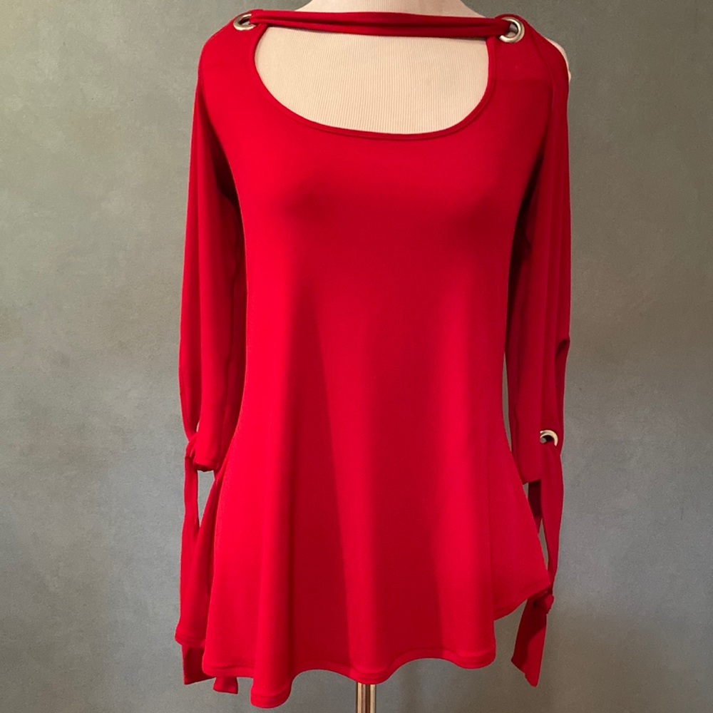 Sexy Cut out Red Blouse with Silver Grommets..worn Once! Great holiday top! FAB